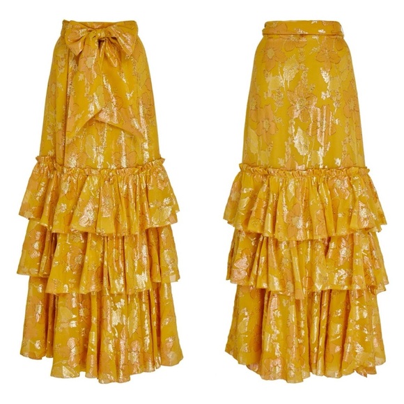 Ulla Johnson SET Rashida Skirt Aster Top Citrine Gold Yellow Metallic Maxi 12 XL - Picture 14 of 16